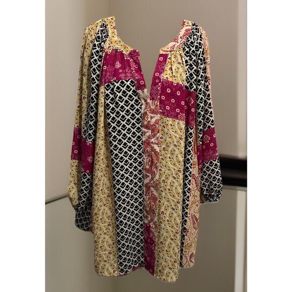Rose & Olive Top 1X Patchwork Blouse Chiffon Boho Artsy Purple Yellow Black - Picture 2 of 8